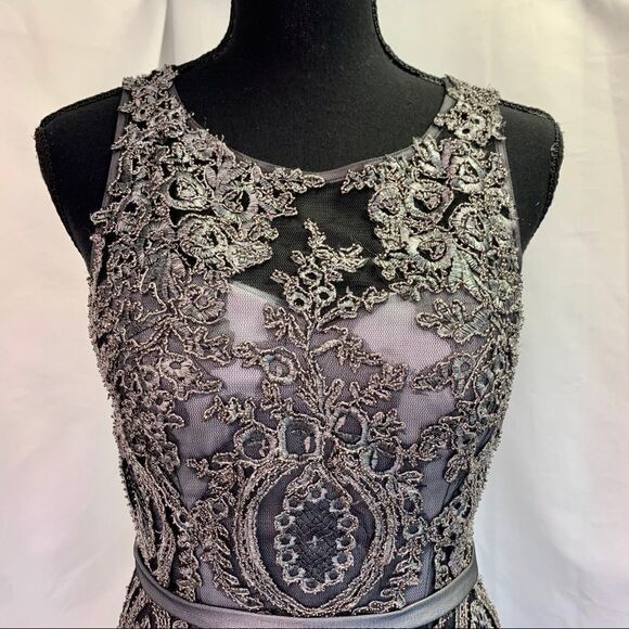 DECODE Soutache Lace Godet Prom Dress - Sleeveless, Silver Gray 🔥 - Picture 6 of 17